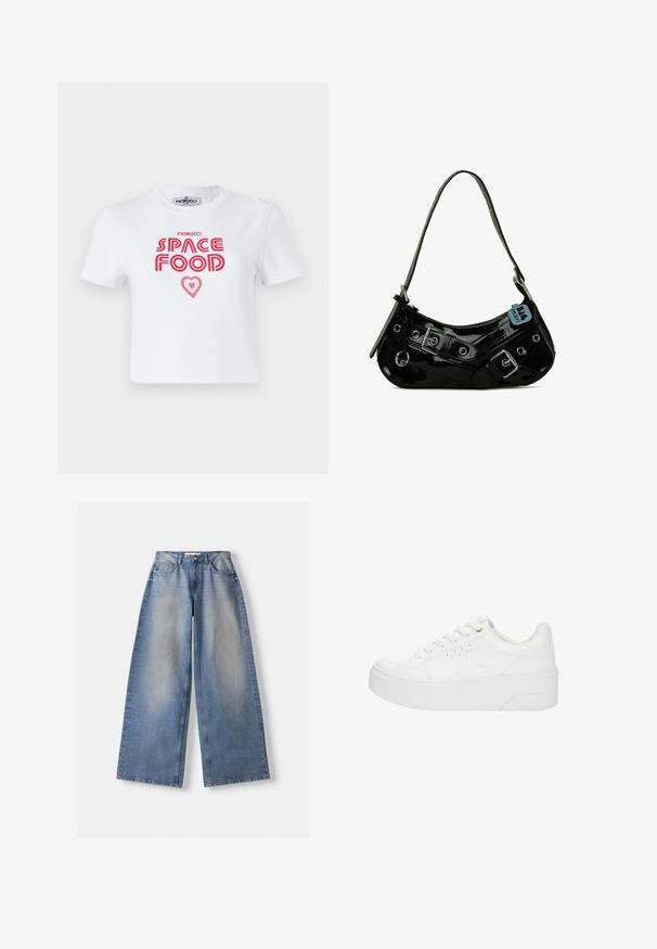 T-shirt en coton blanc avec un texte graphique rouge qui dit "NOURRITURE SPATIALE" avec un accent en forme de cœur, manches courtes et col rond.; Jean en denim bleu à jambes larges, taille haute et détails délavés, posé à plat sur un fond blanc.; Baskets à plateforme blanches avec lacets à l'avant, détails perforés sur le côté et semelle épaisse, vues de profil extérieur sur un fond blanc.; Sac à main en cuir verni noir avec une forme incurvée, présentant des ferrures en argent, des boucles décoratives et une bandoulière courte. Étiquette bleue attachée.