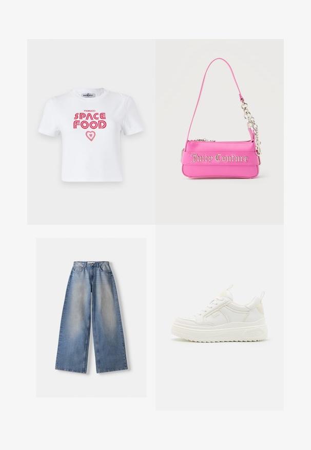 Hvid bomulds t-shirt med rød grafisk tekst, der siger "SPACE FOOD" med et hjerteaccent, korte ærmer og rund halsudskæring.; Bredde ben blå denim jeans med høj talje og falmede detaljer, lagt fladt på hvid baggrund.; Hvide lædersneakers med en kraftig sål, snørebåndsdesign og subtil branding. Har en glat overflade og rund tå.; Lille lys pink Juicy Couture håndtaske med sølvkædedetalje og logotekst på forsiden, enkelt smalt skulderrem.