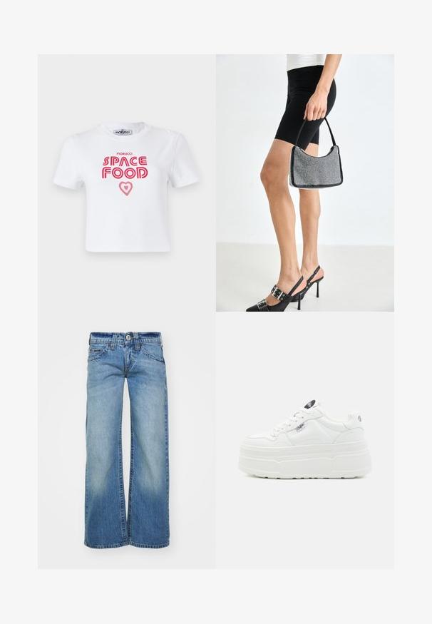 Weißes Baumwoll-T-Shirt mit rotem grafischem Text, der "SPACE FOOD" mit einem Herzakzent liest, kurze Ärmel und Rundhalsausschnitt.; Hellblaue weit geschnittene Jeans aus Denim-Stoff mit einer ausgewaschenen Optik, fünf Taschen und einem Knopfverschluss mit Gürtelschlaufen.; Weiße Plattform-Sneaker mit einer glatten synthetischen Oberfläche, rundem Zehenbereich, gepolstertem Kragen und strukturiertem Profil. Mit einem kontrastierenden Logo-Tag.; Schwarze Perlen-Handtasche mit geschwungener Silhouette, Tragegriff und glänzender Textur. Kombiniert mit schwarzen High Heels und enganliegenden schwarzen Shorts.
