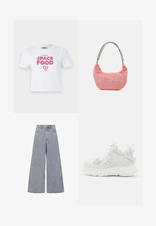 Camiseta de algodón blanca con un gráfico en rojo que dice "COMIDA ESPACIAL" con un acento de corazón, mangas cortas y cuello redondo.; Pantalones vaqueros de pierna ancha en azul claro, hechos de mezclilla, con una cintura alta, cuatro bolsillos y un cierre clásico de botón con un ligero desvanecimiento.; Zapatilla blanca gruesa con suela gruesa y detalles decorativos de mariposas 3D en el lateral, los cordones y el talón.; Juicy Couture KIMBERLY SMALL SET - Bolso de mano - pink