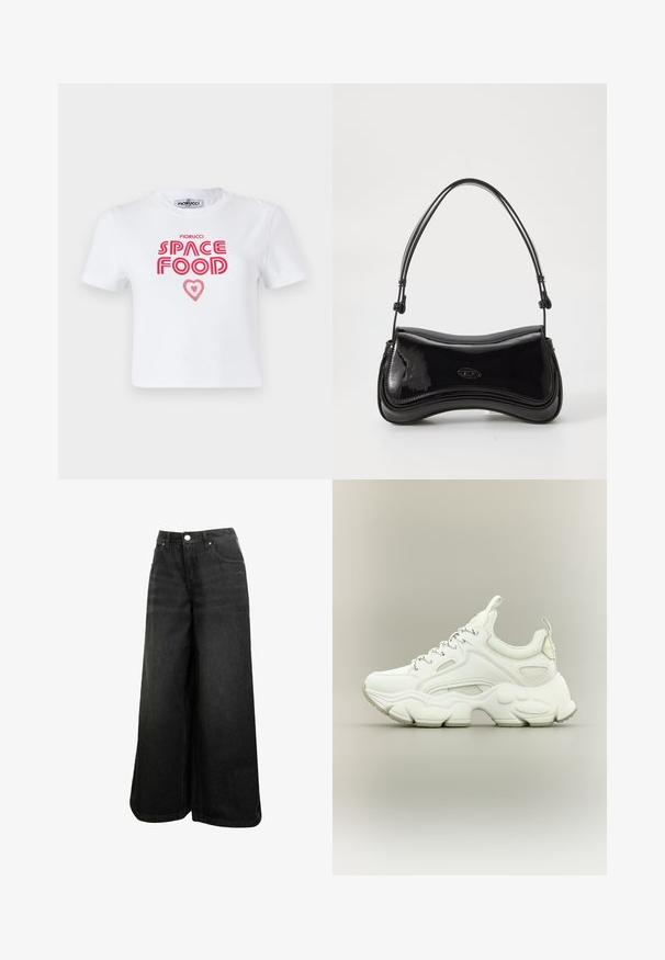Weißes Baumwoll-T-Shirt mit rotem grafischem Text, der "SPACE FOOD" mit einem Herzakzent liest, kurze Ärmel und Rundhalsausschnitt.; Schwarze weit geschnittene Jeans mit hoher Taille, Frontknopf, Taschen und dezentem Logo auf der Vorder-Tasche.; Weißer klobiger Sneaker mit dicker, strukturierter Sohle, Mesh- und Lederobermaterial, Schnürverschluss und Zuglaschen an Zunge und Ferse.; Schwarze Handtasche aus lackiertem Leder mit einer geschwungenen Form, einem einzelnen Griff und einem runden Boden. Verfügt über ein dezentes Logo-Detail auf der Vorderseite.