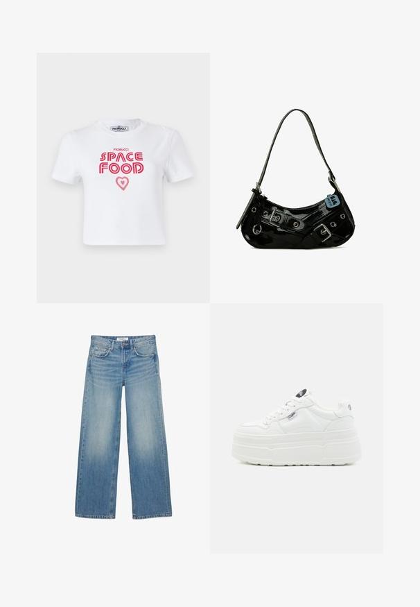 T-shirt en coton blanc avec un texte graphique rouge qui dit "NOURRITURE SPATIALE" avec un accent en forme de cœur, manches courtes et col rond.; Jean en denim bleu clair à jambes larges, design à cinq poches, fermeture par bouton et fermeture éclair, avec des détails subtils délavés.; Baskets plateforme blanches avec un extérieur synthétique lisse, un bout arrondi, un col rembourré et une semelle texturée. Présente une étiquette logo contrastante.; Sac à main en cuir verni noir avec une forme incurvée, présentant des ferrures en argent, des boucles décoratives et une bandoulière courte. Étiquette bleue attachée.