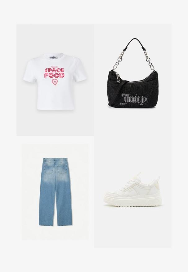 Weißes Baumwoll-T-Shirt mit rotem grafischem Text, der "SPACE FOOD" mit einem Herzakzent liest, kurze Ärmel und Rundhalsausschnitt.; Helleblaue Denim-Jeans mit geradem Bein, ausgestattet mit zwei Gesäßtaschen und einer ausgebleichten Textur im oberen Bereich.; Weiße Leder-Sneaker mit einer klobigen Sohle, Schnürdesign und dezentem Branding. Sie verfügen über eine glatte Textur und eine abgerundete Zehenpartie.; Schwarze Tasche mit Strassverzierungen, gebogener Form und silberner Kettenhandgriff. Verfügt über einen Reißverschluss und das "Juicy"-Logo in Weiß.