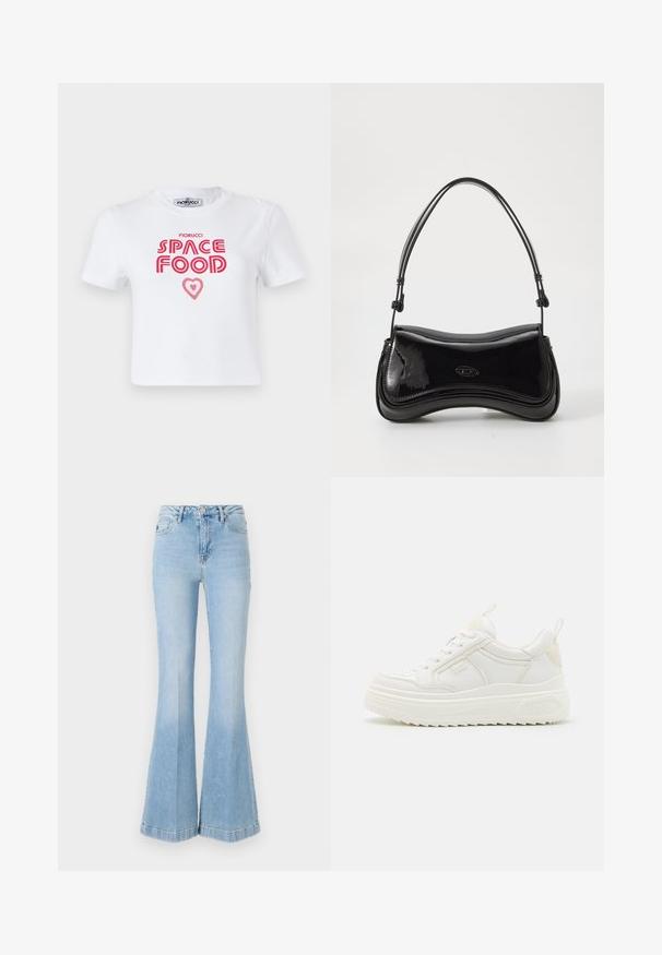 Witte katoenen t-shirt met rode grafische tekst die "SPACE FOOD" leest met een hartaccent, korte mouwen en een ronde hals.; Lichtblauwe flare jeans van denim, met een hoge taille, voorzakken en subtiele vervaging met een schone zoom.; Witte leren sneakers met een stevige zool, vetersluiting en subtiele branding. Heeft een zachte textuur en een ronde neus.; Zwarte laarzen van patentleer met een gebogen vorm, een enkele handgreep en een ronde bodem. Beschikt over een subtiele logodetail aan de voorkant.