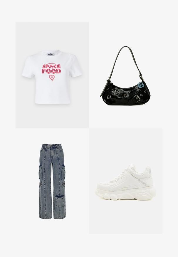 Hvid bomulds t-shirt med rød grafisk tekst, der siger "SPACE FOOD" med et hjerteaccent, korte ærmer og rund halsudskæring.; Denim cargo bukser i lyseblå. Har vide ben, flere sidelommer og kontrasterende mørke denim detaljer. Struktureret med synlige sømme.; Hvid chunky sneaker med tyk sål, snørelukning og "Buffalo" branding på siden og hælen.; Sort lakeret skuldertaske med en buet form, udsmykket med sølvhardware, dekorative spænder og en kort rem. Blå mærkat vedhæftet.