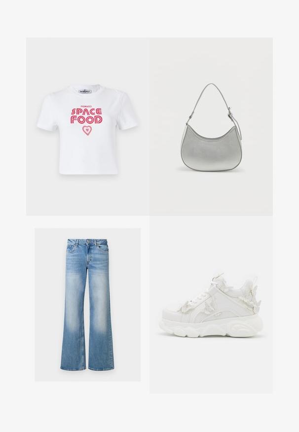 Camiseta de algodón blanca con un gráfico en rojo que dice "COMIDA ESPACIAL" con un acento de corazón, mangas cortas y cuello redondo.; Jeans de mezclilla azul claro acampanados con una textura desteñida, cintura alta y diseño de cinco bolsillos, con cierre de botón y cremallera.; Zapatilla blanca gruesa con suela gruesa y detalles decorativos de mariposas 3D en el lateral, los cordones y el talón.; Bolso de mano de imitación cuero plateado con forma curva, correa corta ajustable y textura suave, que presenta un detalle de costura minimalista.