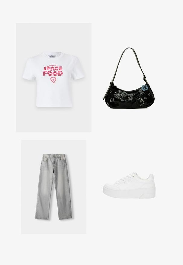 Weißes Baumwoll-T-Shirt mit rotem grafischem Text, der "SPACE FOOD" mit einem Herzakzent liest, kurze Ärmel und Rundhalsausschnitt.; Helle graue Jeans aus Denim mit geradem Bein, ausgestattet mit zwei vorderen Taschen, einem Knopfverschluss und subtilen Abnutzungen für Struktur.; Weißer Plateau-Sneaker mit Schnürung vorne, perforierten Seitendetails und dicker Sohle, von der Außenseite vor weißem Hintergrund gezeigt.; Schwarze Lackleder-Handtasche mit geschwungener Form, ausgestattet mit silbernem Beschlag, dekorativen Schnallen und einem kurzen Griff. Blaue Anhängeschild befestigt.