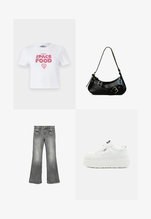 Hvid bomulds t-shirt med rød grafisk tekst, der siger "SPACE FOOD" med et hjerteaccent, korte ærmer og rund halsudskæring.; Grå denim jeans med flared ben featuring et falmet vask, fem lomme-design og kontrasterende guldfarvet hardware. Lige talje med knaplukning.; Hvide platform sneakers med en glat syntetisk overflade, rund tå, polstret krave og tekstureret sål. Har et kontrasterende logo-tag.; Sort syntetisk håndtaske med en buet form, justerbar rem og dekorative metalspænder. Har en glat, blank tekstur.