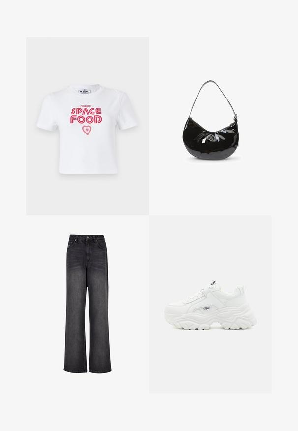 Camiseta de algodón blanca con un gráfico en rojo que dice "COMIDA ESPACIAL" con un acento de corazón, mangas cortas y cuello redondo.; Pantalones vaqueros negros de pierna ancha con una textura suave, que cuentan con una cintura alta, bolsillos frontales y un cierre de botón.; Zapatillas blancas voluminosas con parte superior de piel lisa, punta redonda y suela gruesa texturizada con un logo de la marca visible en el lateral.; Bolso de mano de charol negro con forma curva, correa para el hombro única, cierre de cremallera y un logotipo metálico decorativo. Textura suave.