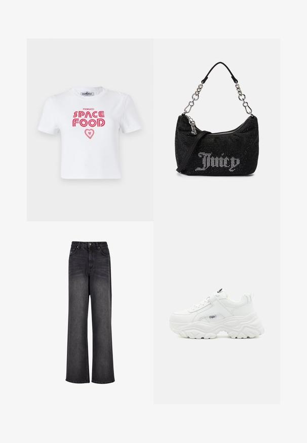 Camiseta de algodón blanca con un gráfico en rojo que dice "COMIDA ESPACIAL" con un acento de corazón, mangas cortas y cuello redondo.; Pantalones vaqueros negros de pierna ancha con una textura suave, que cuentan con una cintura alta, bolsillos frontales y un cierre de botón.; Zapatillas blancas voluminosas con parte superior de piel lisa, punta redonda y suela gruesa texturizada con un logo de la marca visible en el lateral.; Bolso negro con adornos de strass, de forma curvada y con un asa de cadena plateada. Presenta un zipper y el logo "Juicy" en blanco.