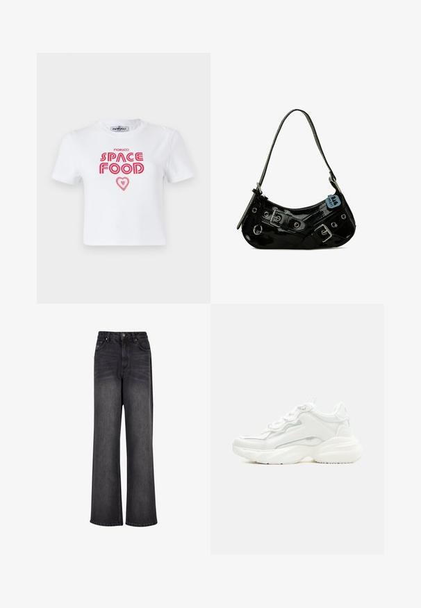 Camiseta de algodón blanca con un gráfico en rojo que dice "COMIDA ESPACIAL" con un acento de corazón, mangas cortas y cuello redondo.; Pantalones vaqueros negros de pierna ancha con una textura suave, que cuentan con una cintura alta, bolsillos frontales y un cierre de botón.; Zapatilla deportiva blanca y robusta con suela gruesa, cierre de cordones en la parte frontal y parte superior sintética lisa con detalles de costuras sutiles.; Bolso de mano de charol negro con forma curva, que presenta herrajes plateados, hebillas decorativas y una correa corta. Etiqueta azul adjunta.
