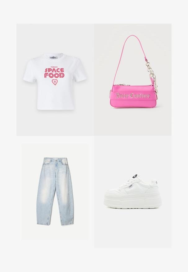 Weißes Baumwoll-T-Shirt mit rotem grafischem Text, der "SPACE FOOD" mit einem Herzakzent liest, kurze Ärmel und Rundhalsausschnitt.; Hellblaue Jeans aus Denim mit lockerer Passform, im ausgewaschenen Finish, zwei Fronttaschen und einem Knopfverschluss am Bund.; Weiße Plattform-Sneaker mit einer glatten synthetischen Oberfläche, rundem Zehenbereich, gepolstertem Kragen und strukturiertem Profil. Mit einem kontrastierenden Logo-Tag.; Kleine, leuchtend pinke Juicy Couture Handtasche mit silbernen Kettendetails und Logo-Schriftzug auf der Vorderseite, schmaler einzelner Schulterriemen.