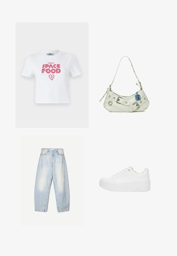 Weißes Baumwoll-T-Shirt mit rotem grafischem Text, der "SPACE FOOD" mit einem Herzakzent liest, kurze Ärmel und Rundhalsausschnitt.; Hellblaue Jeans aus Denim mit lockerer Passform, im ausgewaschenen Finish, zwei Fronttaschen und einem Knopfverschluss am Bund.; Weißer Plateau-Sneaker mit Schnürung vorne, perforierten Seitendetails und dicker Sohle, von der Außenseite vor weißem Hintergrund gezeigt.; Weißer synthetischer Handtasche mit geschwungener Silhouette, verstellbarem Tragegurt, dekorativer Schnalle, silberner Hardware und einem anhängenden blauen Etikett.