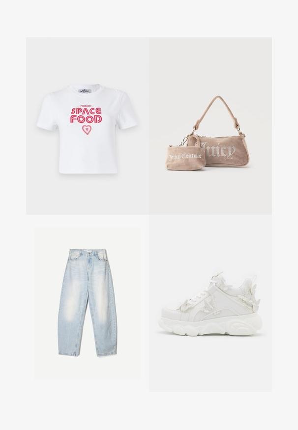Weißes Baumwoll-T-Shirt mit rotem grafischem Text, der "SPACE FOOD" mit einem Herzakzent liest, kurze Ärmel und Rundhalsausschnitt.; Hellblaue Jeans aus Denim mit lockerer Passform, im ausgewaschenen Finish, zwei Fronttaschen und einem Knopfverschluss am Bund.; Weißer klobiger Sneaker mit dicker Sohle und dekorativen 3D-Schmetterlingsakzenten an der Seite, den Schnürsenkeln und der Ferse.; Zwei beige Wildledertaschen von Juicy Couture, eine kleine Handgelenktasche mit Logo, die andere eine Schultertasche mit strassbesetztem "Juicy"-Schriftzug.