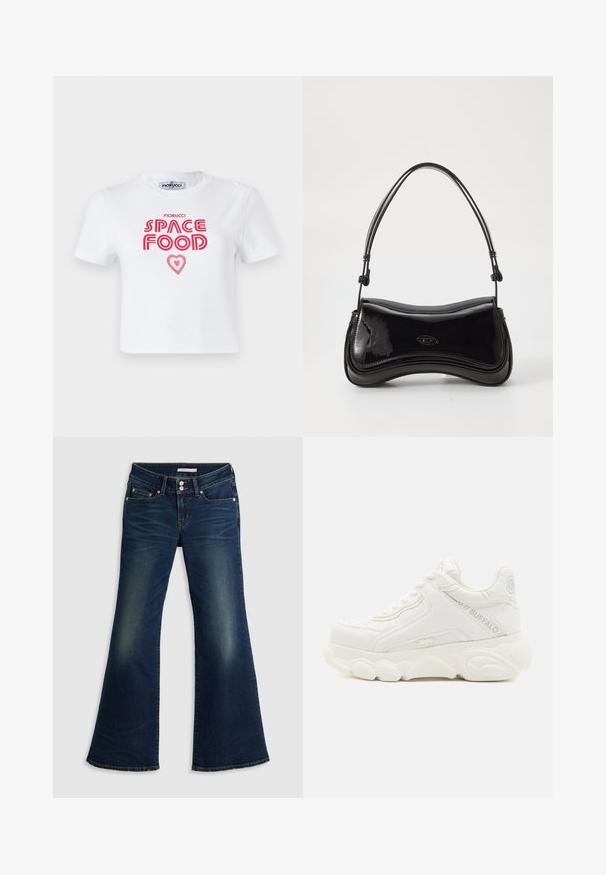 Witte katoenen t-shirt met rode grafische tekst die "SPACE FOOD" leest met een hartaccent, korte mouwen en een ronde hals.; Donkerblauwe spijkerbroek met superlage flare, voorzien van voor- en achterzakken, dubbele knoopsluiting en vervaagde details op de bovenbenen en knieën.; Witte chunky sneaker met dikke zool, vetersluiting en "Buffalo"-branding op de zijkant en hiel.; Zwarte laarzen van patentleer met een gebogen vorm, een enkele handgreep en een ronde bodem. Beschikt over een subtiele logodetail aan de voorkant.