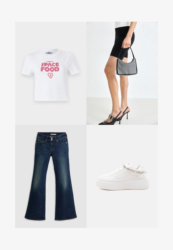 Hvid bomulds t-shirt med rød grafisk tekst, der siger "SPACE FOOD" med et hjerteaccent, korte ærmer og rund halsudskæring.; Mørkeblå denim superlow flare jeans med for- og baglommer, dobbelt knappelukning og slidte detaljer på lår og knæ.; Hvid platformsneaker med tyk ribbet sål og dekorativ perle- og perlekæde rundt om bagsiden og siden.; Sort perlehandtaske med en buet silhuet, bærehåndtag og blank overflade. Båret med højhælede sorte sko og tætsiddende sorte shorts.