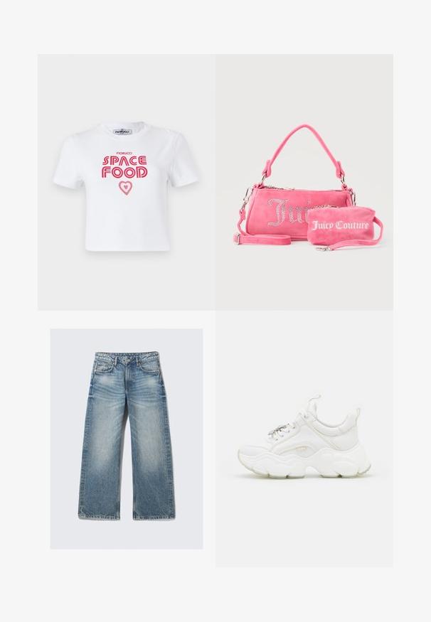 Hvid bomulds t-shirt med rød grafisk tekst, der siger "SPACE FOOD" med et hjerteaccent, korte ærmer og rund halsudskæring.; Lyseblå jeans med vide ben lavet af denim, med forlommer, lynlås foran og en falmet tekstur med diskrete whiskering-detaljer.; Hvide chunky sneakers lavet af læder og mesh-materialer, med en tyk sål, rund tå og dekorative snørebånd. Let teksturerede detaljer.; To lyserøde Juicy Couture-tasker, den ene større med krystalfarvet skrift og et håndtag, den anden mindre med hvid skrift og en håndledsrem, på en grå baggrund.