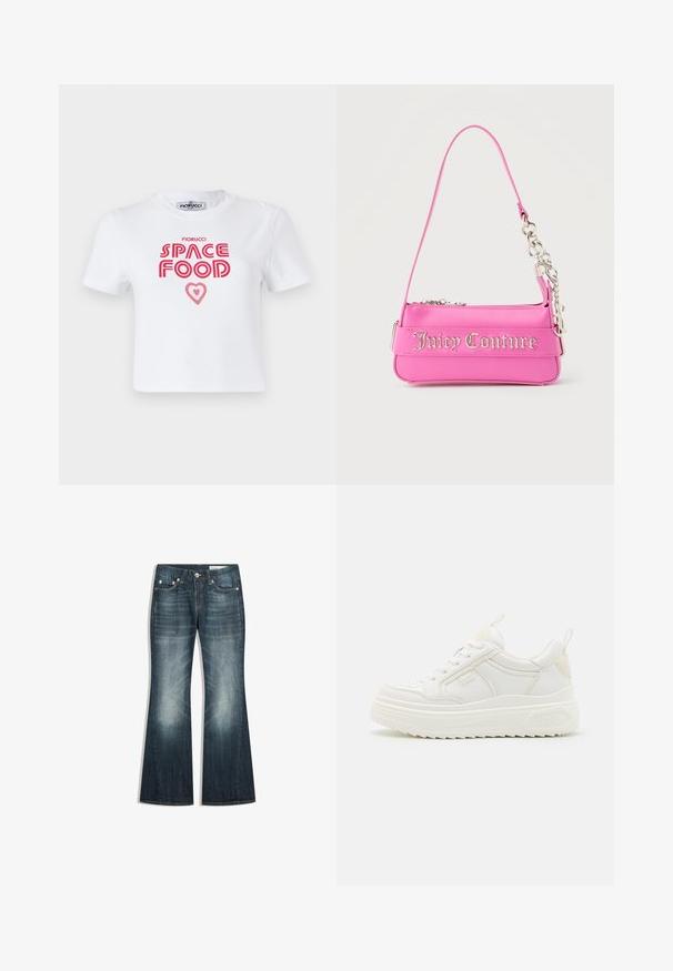 Hvid bomulds t-shirt med rød grafisk tekst, der siger "SPACE FOOD" med et hjerteaccent, korte ærmer og rund halsudskæring.; Mørkeblå bootcut-jeans med falmede områder på lår og knæ, fem-lomme-design og metalknaplukning.; Hvide lædersneakers med en kraftig sål, snørebåndsdesign og subtil branding. Har en glat overflade og rund tå.; Lille lys pink Juicy Couture håndtaske med sølvkædedetalje og logotekst på forsiden, enkelt smalt skulderrem.