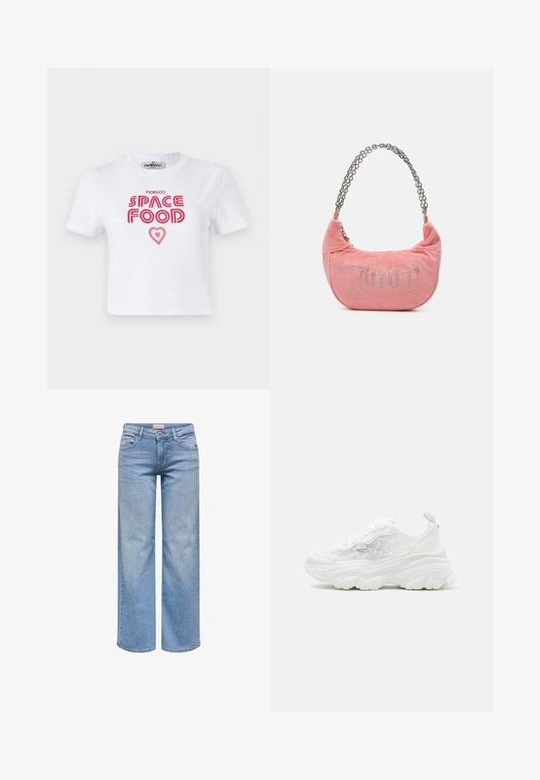 Witte katoenen t-shirt met rode grafische tekst die "SPACE FOOD" leest met een hartaccent, korte mouwen en een ronde hals.; Lichtblauwe jeans met wijde pijpen, vooraan knoop- en ritssluiting, voorzakken en riemlussen.; Witte chunky sneaker met veterluiting aan de voorkant, zijpanelen van mesh met bloemenprint, en dikke gevormde zool, weergegeven vanaf de linkerkant tegen een effen achtergrond.; Juicy Couture KIMBERLY SMALL SET - Handtas - pink