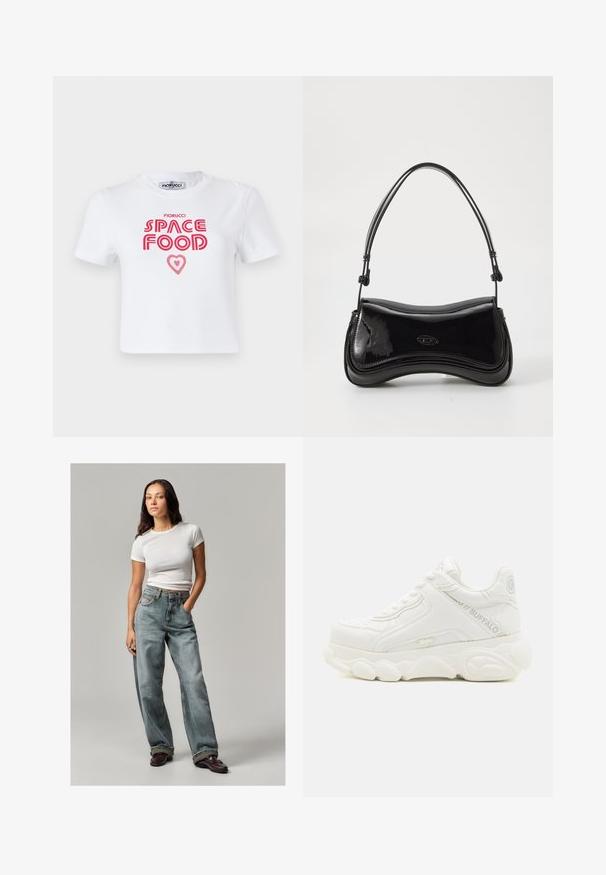 Hvid bomulds t-shirt med rød grafisk tekst, der siger "SPACE FOOD" med et hjerteaccent, korte ærmer og rund halsudskæring.; Lysblå denim brede bukser med falmede detaljer, høj talje og forlommer. Sat sammen med en tætsiddende hvid t-shirt med korte ermer og bordeauxfarvede sko.; Hvid chunky sneaker med tyk sål, snørelukning og "Buffalo" branding på siden og hælen.; Sort patentlæder håndtaske med en buet form, et enkelt håndtag og en rund bund. Har en subtil logo-detalje på forsiden.