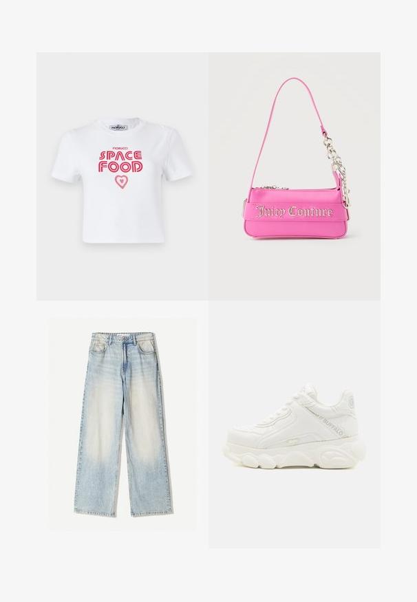 Witte katoenen t-shirt met rode grafische tekst die "SPACE FOOD" leest met een hartaccent, korte mouwen en een ronde hals.; Lichtblauwe denim broek met een wijde pijp, featuring vijf zakken, subtiele vervaging en zichtbare stiksels langs de naden.; Witte chunky sneaker met dikke zool, vetersluiting en "Buffalo"-branding op de zijkant en hiel.; Kleine felroze Juicy Couture-handtas met zilveren kettingdetail en logotekst aan de voorkant, enkele smalle schouderband.