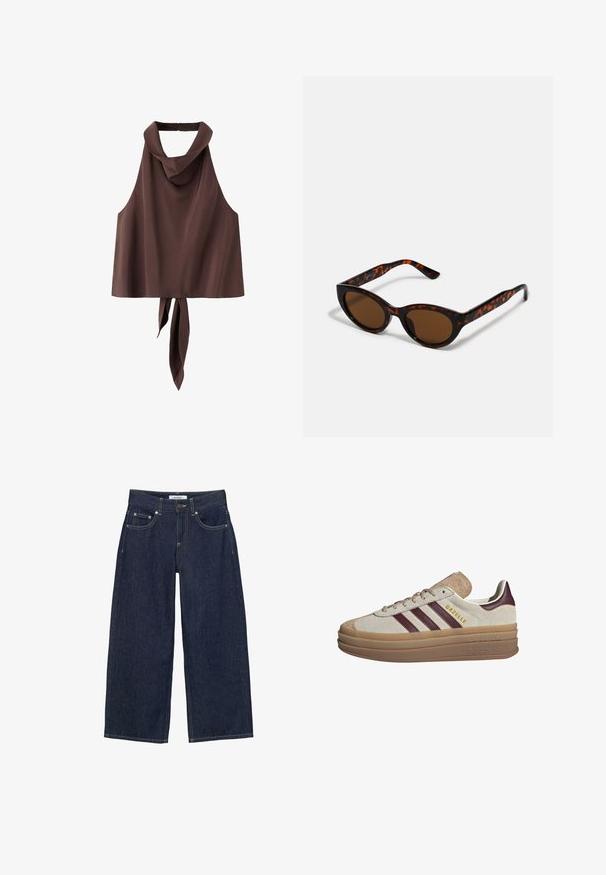 Brun ærmeløs halterneck-top med høj hals og bindebånd, der hænger ned bagpå, lavet af glat stof.; Mørkeblå denim jeans med vide ben, forlommer, bæltestropper, knaplukning og kontrastsyninger.; Beige ruskinds sneakers med maroon striber, hvide accenter, en kraftig gennemsigtig sål og forhøjet branding på siden. Snørebåndsdesign.; Brune skildpadde solbriller med en vintage katteøje-form og brune linser. Har buede arme med røde detaljer.