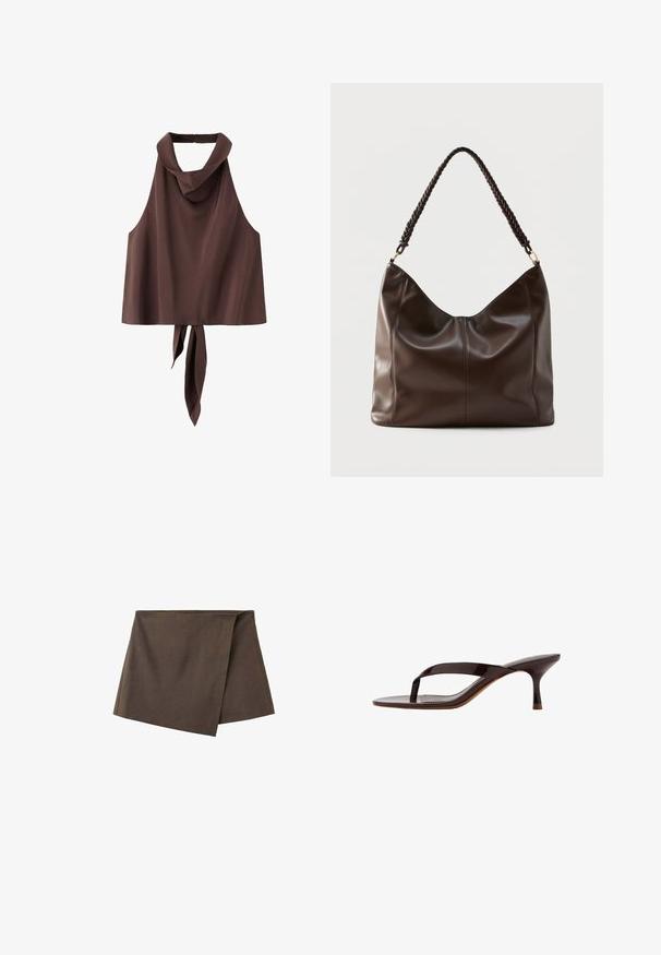 Top marron sans manches avec col montant et liens à nouer qui pendent dans le dos, en tissu lisse.; Mini-jupe cache-cœur asymétrique marron en tissu lisse, avec un panneau avant chevauchant la couche de base.; Sandale à talon en cuir verni noir avec bride entre les orteils et un talon petit kitten élancé de hauteur moyenne, vue de côté sur fond blanc.; Sac à bandoulière en cuir brun foncé avec une poignée tressée et des coutures apparentes sur le devant.