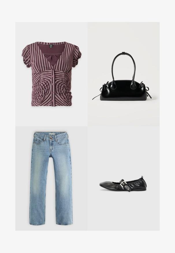 Kortærmet lilla bluse med lodrette og buede hvide striber, V-hals, knapper foran og rynkede sider.; Lyseblå lige ben jeans lavet af denim, med knaplukning, fem lommer og subtil falmning langs benene.; Sorte læder flade sko med spids tå, samling detaljer omkring åbningen, og en sølv spænde accent på den justerbare rem.; Lille sort blank håndtaske med to lange håndtag og snøre-detaljer i siden på en ensfarvet lys baggrund.