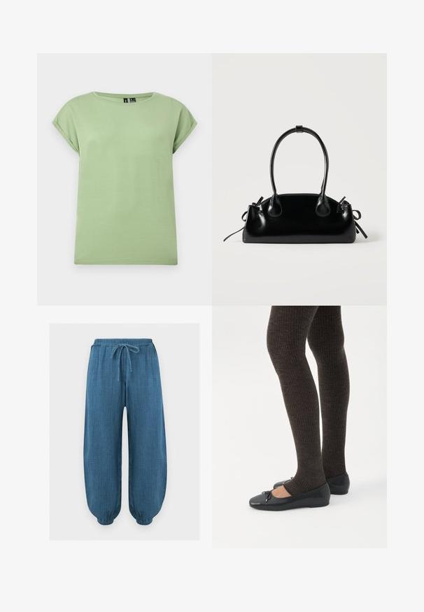 T-shirt court en coton vert clair avec un col rond et des manches retroussées, présenté sur un fond blanc uni.; Pantalon bleu texturé ample avec ceinture élastique et poignets aux chevilles, avec un cordon de serrage à l'avant pour l'ajustement.; Jambes portant des leggings côtelés foncés associés à des ballerines noires avec de petits détails en nœud sur fond blanc.; Petit sac à main noir brillant avec deux longues anses et des détails à cordon sur les côtés sur un fond clair uni.