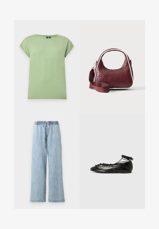 T-shirt court en coton vert clair avec un col rond et des manches retroussées, présenté sur un fond blanc uni.; Pantalon large en denim bleu clair avec taille élastique et cordon de serrage, poches avant et coupe décontractée.; Ballerines en cuir verni noir avec un bout rond, un design à lacets et une semelle plate. Texture lisse avec peu de détails.; Sac à main en cuir tressé marron foncé avec poignée courbée, garniture blanche, fermeture éclair argentée et bandoulière large en tissu amovible sur fond uni.