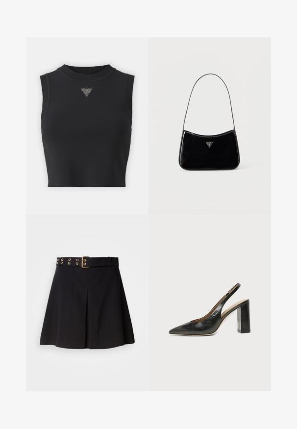 Zwarte mouwloze crop top van textuurstof, met een hoge halslijn en een zilveren driehoekige decoratieve accent aan de voorkant.; Zwarte geplisseerde rok met een brede riem met gouden metalen hardware en oogjes, gemaakt van soepel materiaal, ontworpen voor een getailleerde pasvorm.; Zwarte leren slingback schoen met spits toelopend neusje, hoge blokhak en beige binnenvoering tegen een effen lichte achtergrond.; Zwarte schoudertas van lakleer met een smalle band, driehoekig Guess-logo aan de voorkant en een ritssluiting bovenaan.