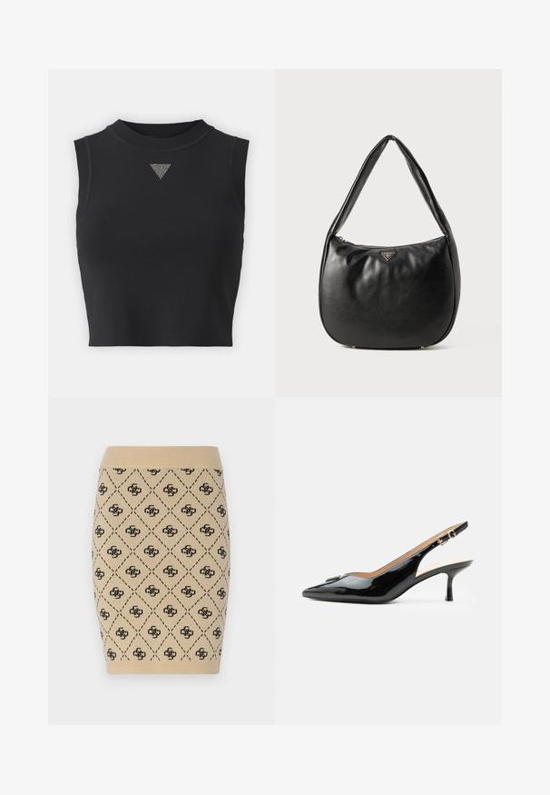 Top corto negro sin mangas hecho de tejido texturizado, con un cuello alto y un acento decorativo triangular plateado en la parte frontal.; Falda lápiz de punto en color beige con un patrón de diamantes y acentos de logotipo negro en repetición, con una cintura acanalada que añade textura.; Tacón slingback de charol negro con puntera puntiaguda, tacón pequeño tipo kitten y correa con hebilla plateada sobre un fondo blanco liso.; Bolso hobo de cuero negro con textura suave, forma curva y cierre de cremallera. Presenta un acento de logotipo en tono dorado en la parte frontal.