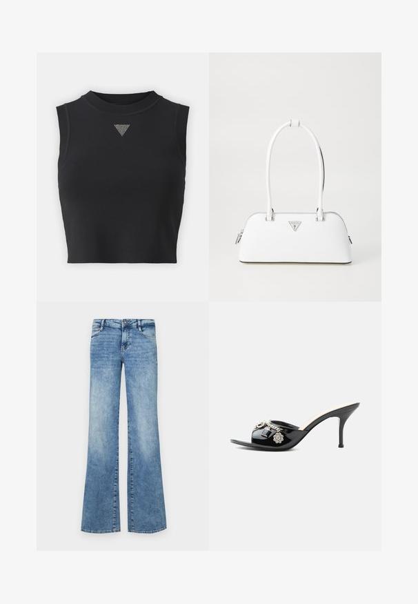 Sort ærmeløs crop top lavet af struktureret stof, med høj halsudskæring og en sølvfarvet triangel dekorativ detalje foran.; Lyseblå flagrende jeans lavet af denim. Har en knaplukning, fem lommer og afslidt detaljer for et brugt udseende.; Sort laklæder højt hælet mule med åben tå og dekorative sølvcharme inklusive en blomst og hængelås på frontstroppen.; Hvid lædertaske med en buet form, der har et sølvtrapezlogo og lynlåslukning. Glat tekstur og dobbelthåndtag.