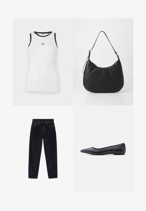 Hvid ærmeløs tanktop med sort kant rundt om halsudskæringen og armhullerne. Har et lille sort logo foran. Blødt bomuldsstof.; Sorte højtaljede jeans med lige ben, foran med knap, lynlås, bæltestropper og fem lommer, vist på en hvid baggrund.; Sort flad lædersko med spidst tåparti og lav hæl, vist i sideprofil mod en hvid baggrund.; Sort hobo-taske lavet af glat, holdbart materiale. Har en enkelt justerbar rem og et subtilt præglogo på forsiden.
