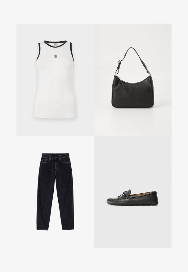 Hvid ærmeløs tanktop med sort kant rundt om halsudskæringen og armhullerne. Har et lille sort logo foran. Blødt bomuldsstof.; Sorte højtaljede jeans med lige ben, foran med knap, lynlås, bæltestropper og fem lommer, vist på en hvid baggrund.; Sorte læder bådsko med afrundet tå, stikninger, lille sløjfedetalje og gummisål. Glat tekstur og strømlinet design.; Sort læderhåndtaske med en buet form, en enkelt rem, lynlås lukning og diskret branding på forsiden. Glat tekstur, minimalistisk design.