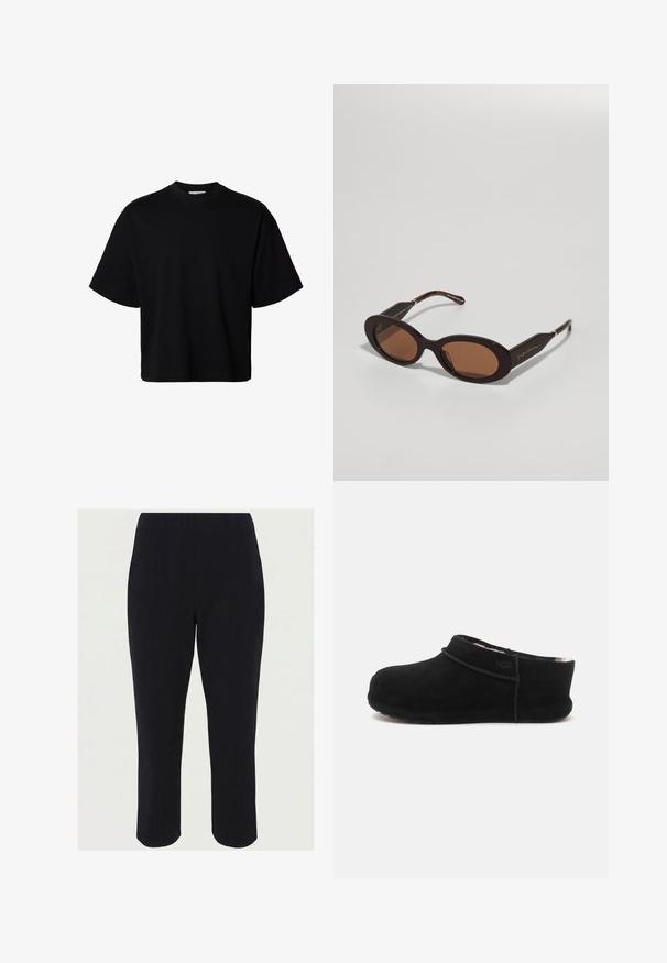 T-shirt noir oversize à manches courtes avec col rond et coupe décontractée, présenté sur fond blanc uni.; Pantalon noir ajusté taille haute, longueur cheville, coupe droite avec un détail discret de couture avant.; Chausson en daim noir à enfiler avec un petit talon, bout arrondi et doublure intérieure douce visible à l'ouverture, vue latérale.; Giorgio Armani Lunettes de soleil - brown