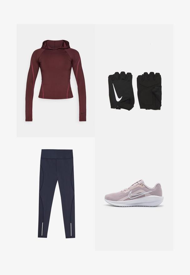Haut à capuche long en maroon fabriqué en matériau extensible, avec des coutures latérales roses et un petit logo Nike noir sur le poignet.; Leggings bleu marine en tissu extensible, dotés d'une taille haute et de coutures latérales arrondies, avec des accents réfléchissants au niveau des ourlets des chevilles.; Baskets de sport rose clair avec une tige en mesh respirante, des accents blancs, un col rembourré et une semelle en caoutchouc texturé pour une meilleure adhérence.; Gants de gym sans doigts noirs en tissu respirant, avec un logo blanc Nike, des paumes rembourrées et un design ouvert au niveau du poignet pour plus de flexibilité.