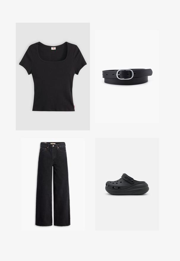 Sort kortærmet top lavet af ribbet stof, med en bred firkantet udkæring og en tætsiddende pasform, udstyret med et lille rødt logo-tag nederst.; Sorte brede benjeans lavet af denim, med fem lommer, kobbernitter og en klassisk knaplukning. Glat tekstur med et rent design.; Sorte gummiklipper med ventilationshuller, hævet hæl og justerbar rem. Glat tekstur og rund form.; Sort læderbælte med en glat overflade, oval sølvmetalspænde og flere justeringshuller langs stroppen. Flad, minimalistisk design.