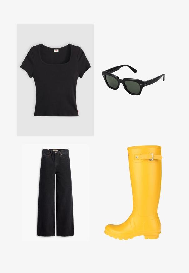 Haut noir à manches courtes en tissu côtelé, avec un décolleté carré large et une coupe ajustée, orné d'une petite étiquette logo rouge au bas.; Jean noir à jambe large en denim, comportant cinq poches, des rivets en laiton et une fermeture à bouton classique. Texture lisse avec un design épuré.; Botte de pluie en caoutchouc jaune avec une surface lisse, une sangle à boucle réglable et une semelle texturée pour une meilleure adhérence. Design haut, orteil arrondi et corps sans couture.; Lunettes de soleil carrées noires avec des verres vert foncé, présentant des montures audacieuses et des accents argentés sur les côtés. Fabriquées en Italie.