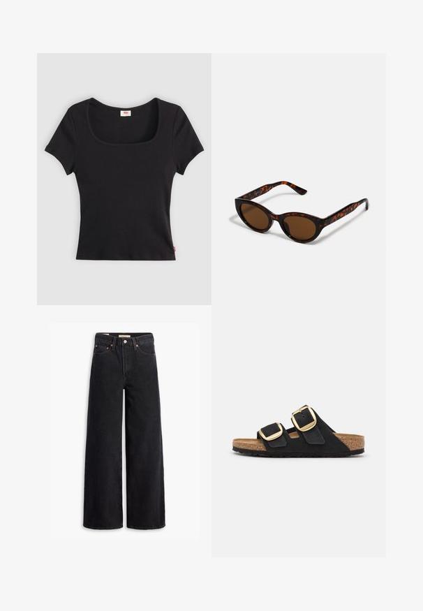 Sort kortærmet top lavet af ribbet stof, med en bred firkantet udkæring og en tætsiddende pasform, udstyret med et lille rødt logo-tag nederst.; Sorte brede benjeans lavet af denim, med fem lommer, kobbernitter og en klassisk knaplukning. Glat tekstur med et rent design.; Sorte ruskind slide sandaler med to brede stropper, hver med en stor guldspænde og en naturlig kork sål med en tekstureret gummisål.; Brune skildpadde solbriller med en vintage katteøje-form og brune linser. Har buede arme med røde detaljer.
