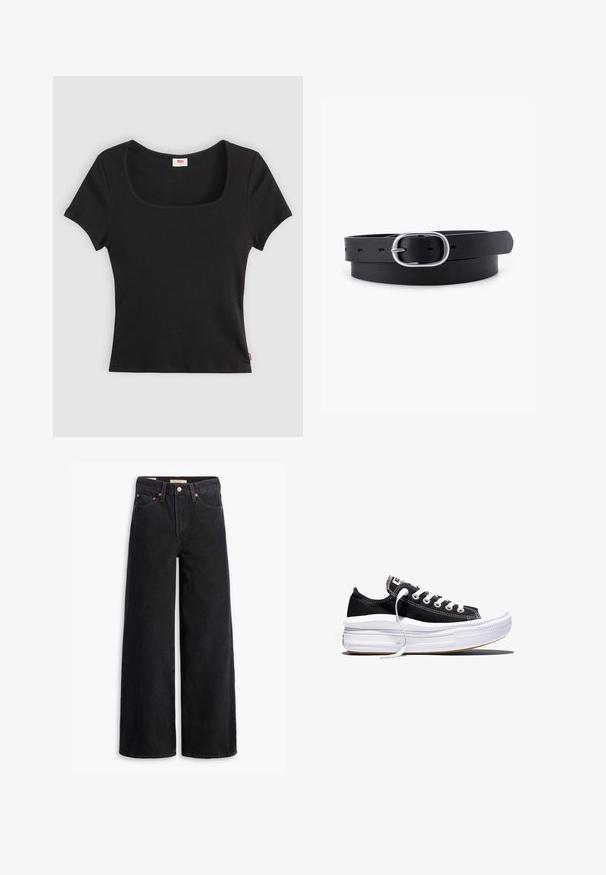 Haut noir à manches courtes en tissu côtelé, avec un décolleté carré large et une coupe ajustée, orné d'une petite étiquette logo rouge au bas.; Jean noir à jambe large en denim, comportant cinq poches, des rivets en laiton et une fermeture à bouton classique. Texture lisse avec un design épuré.; Baskets basses en toile noire avec des lacets blancs et une semelle épaisse en caoutchouc blanc multi-couches sur fond blanc.; Ceinture en cuir noir au toucher lisse, boucle en métal argenté de forme ovale et plusieurs trous d'ajustement le long de la sangle. Design plat et minimal.