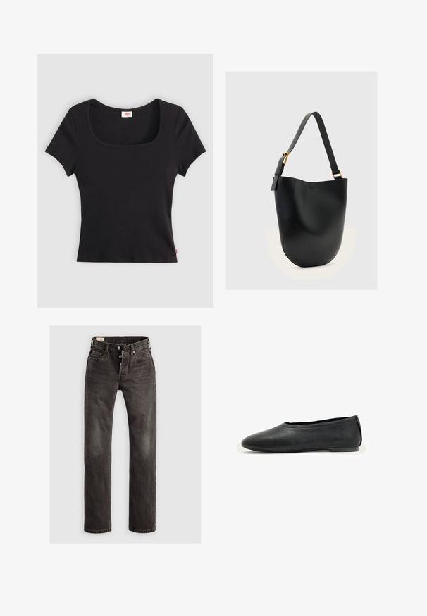 Schwarzes Kurzarmoberteil aus rippenförmigem Stoff, mit einem breiten quadratischen Ausschnitt und einer figurnahen Passform, versehen mit einem kleinen roten Logotag am Saum.; Dunkelgraue gerade Jeans aus Denim, mit Knopfverschluss, Fünf-Taschen-Design und dezenten ausgewaschenen Details auf dem Stoff.; Schwarzer flacher Lederschuh mit abgerundeter Spitze und niedrigem Absatz, entworfen für lässiges oder formelles Tragen.; Schwarze Leder-Bucket-Bag mit verstellbarem Schulterriemen und goldfarbener Schnalle auf schlichtem hellgrauem Hintergrund.