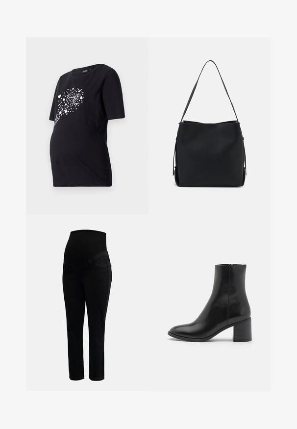 Sort graviditetst-shirt med korte ærmer, der har en hvid grafik af hjerter og teksten "Ready to Pop." Lavet af blødt bomuldsmateriale.; Sorte graviditetsjeans med strækbar høj talje og tætsiddende ben, designet til komfort og støtte under graviditeten.; Sort læder ankelstøvle med rund tå, medium højde blokhæl og en glat finish. Har en diskret sidelukning.; Pieces PCBONY - Håndtasker - black
