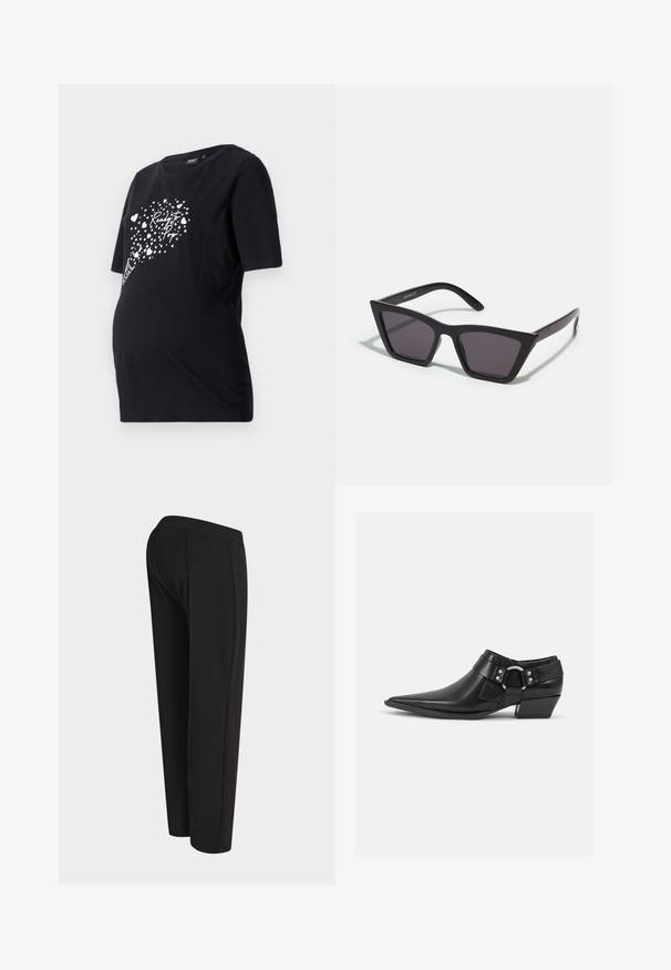 Schwarzes Schwangerschafts-T-Shirt mit kurzen Ärmeln, das eine weiße Grafik von Herzen und den Text "Bereit zum Platzen" zeigt. Hergestellt aus weichem Baumwollmaterial.; Schwarze gerade Hose, auf einer Schaufensterpuppe von hinten gezeigt, mit hohem Bund und schlichtem, unverziertem Design.; Schwarze Leder-Ankle-Boots mit spitzem Zeh, ausgestattet mit einem vorderen Leder-Riemen und einem silbernen Schnallendetail sowie einem niedrigen Blockabsatz.; Schwarze, eckige Sonnenbrille mit grauen Gläsern; aus Kunststoff gefertigt, mit dicken Bügeln, die eine glatte Oberfläche und keine sichtbaren Beschläge haben.