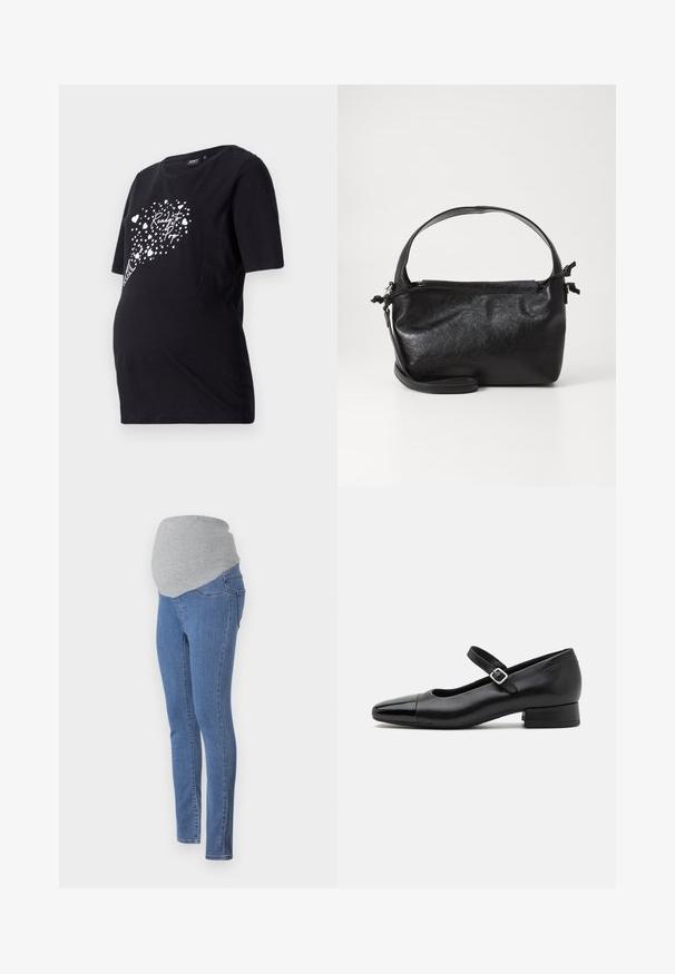 Sort graviditetst-shirt med korte ærmer, der har en hvid grafik af hjerter og teksten "Ready to Pop." Lavet af blødt bomuldsmateriale.; Graviditetsjeans med en tætsiddende design, blåt denimstof og en blød grå jersey-linning for komfort. Har baglommer og en slim fit.; Sorte læder Mary Jane-sko med en patenttå, justerbar ankelrem og lav blokhæl. Glat tekstur og strømlinet design.; Sort læderhåndtaske med et struktureret design, rund tophåndtag og aftagelig skulderrem. Den har en glat tekstur og en subtil glans.