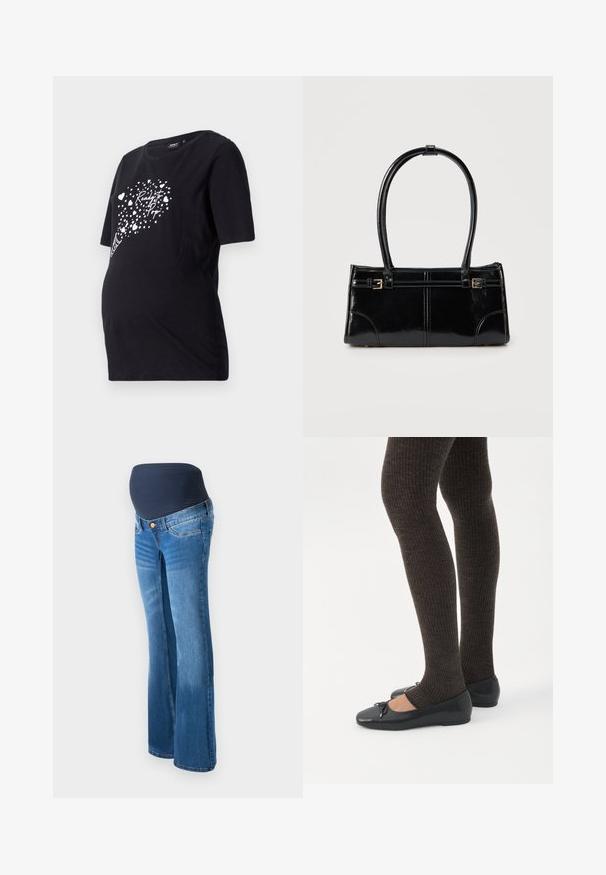 Sort graviditetst-shirt med korte ærmer, der har en hvid grafik af hjerter og teksten "Ready to Pop." Lavet af blødt bomuldsmateriale.; Graviditetsjeans lavet af blå denim, med en mørkeblå strækpanel i taljen, udfoldede ben og klassisk fem-lomme design.; Ben iført mørke ribbede leggings kombineret med sorte balletsko med små sløjfedetaljer på hvid baggrund.; Glansfuld sort rektangulær håndtaske med to tynde skulderremme og små guldbeslag foran.