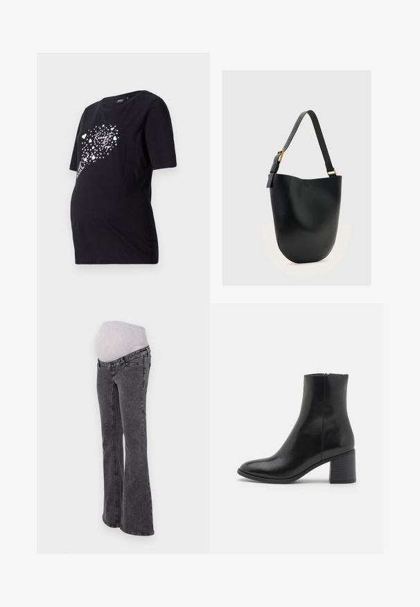 Sort graviditetst-shirt med korte ærmer, der har en hvid grafik af hjerter og teksten "Ready to Pop." Lavet af blødt bomuldsmateriale.; Graviditetsjeans med en tætsiddende grå strækbund, flared ben og en mørkegrå denimfinish, der har standard syninger og lommer.; Sort læder ankelstøvle med rund tå, medium højde blokhæl og en glat finish. Har en diskret sidelukning.; Sort læderbuckettaske med justerbar skulderrem og spænde i guldfarve på en ensfarvet lys grå baggrund.