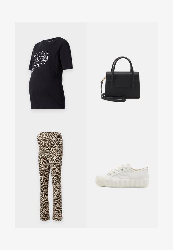 Sort graviditetst-shirt med korte ærmer, der har en hvid grafik af hjerter og teksten "Ready to Pop." Lavet af blødt bomuldsmateriale.; Leopard-mønstret leggings med en lys tan-bund og sorte pletter, lavet af et elastisk materiale. Tilsiddende design med en udvidet benform.; Hvide lærreds sneakers med en struktureret gummisål, rund tå og snørebåndsdesign, der har tre sidelinjer.; Sort struktureret håndtaske lavet af læder med et topgreb, aftagelig skulderrem og detalje med frontklap. Guldhardware accenter.