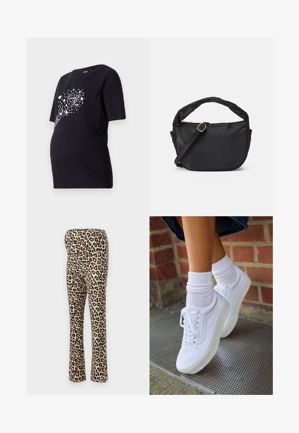 Schwarzes Schwangerschafts-T-Shirt mit kurzen Ärmeln, das eine weiße Grafik von Herzen und den Text "Bereit zum Platzen" zeigt. Hergestellt aus weichem Baumwollmaterial.; Leopardenmuster-Leggings mit einem tanfarbenen Grund und schwarzen Punkten, aus einem dehnbaren Material gefertigt. Figurbetonter Schnitt mit ausgestelltem Bein.; Weiße Leinensneaker mit Gummisohlen, ausgestattet mit sechs Ösen, runder Zehenpartie und dezenten Nähten, kombiniert mit weißen Knöchelsocken.; Schwarze Stoffumschlagtasche mit einem verdrehten Griff, einem abnehmbaren Schultergurt und einem Reißverschluss-Topverschluss. Glatte Textur und minimalistisches Design.