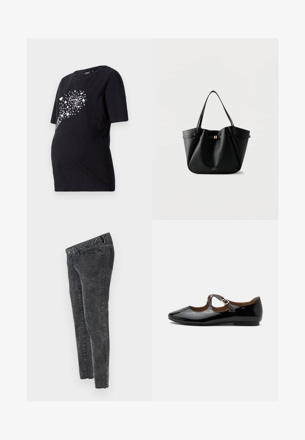 Zwarte zwangerschaps T-shirt met korte mouwen, voorzien van een witte grafiek van harten en de tekst "Ready to Pop." Gemaakt van zacht katoen.; MAMALICIOUS Slim fit Mid waist Raw hems - Slim fit jeans - grey denim; Zwarte lakleren Mary Jane platte schoen met twee uitsparingen en een gouden gespbandje op een witte achtergrond.; Zwarte leren totebag met twee schouderriemen, een klein gouden sluitinkje en het "Anna Field"-logo op een witte achtergrond.